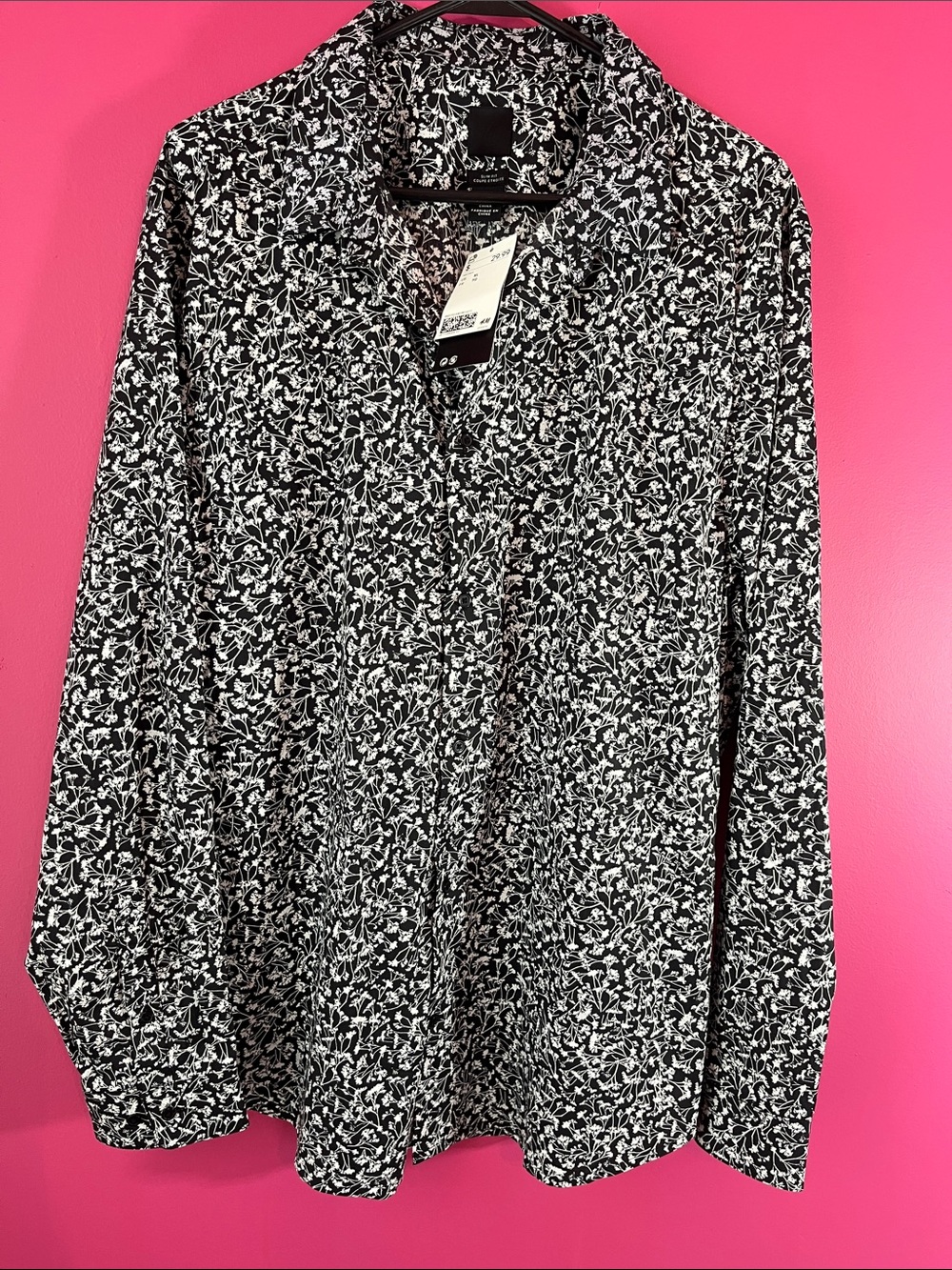 Black & White Floral Button-Up Shirt for Men Slim Fit